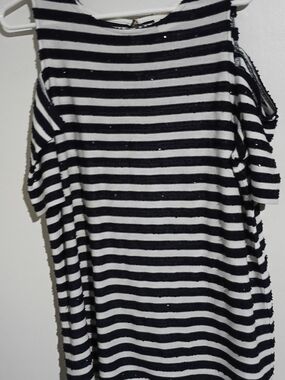 Chico's Navy and White Striped Cold-Shoulder Sequin Top